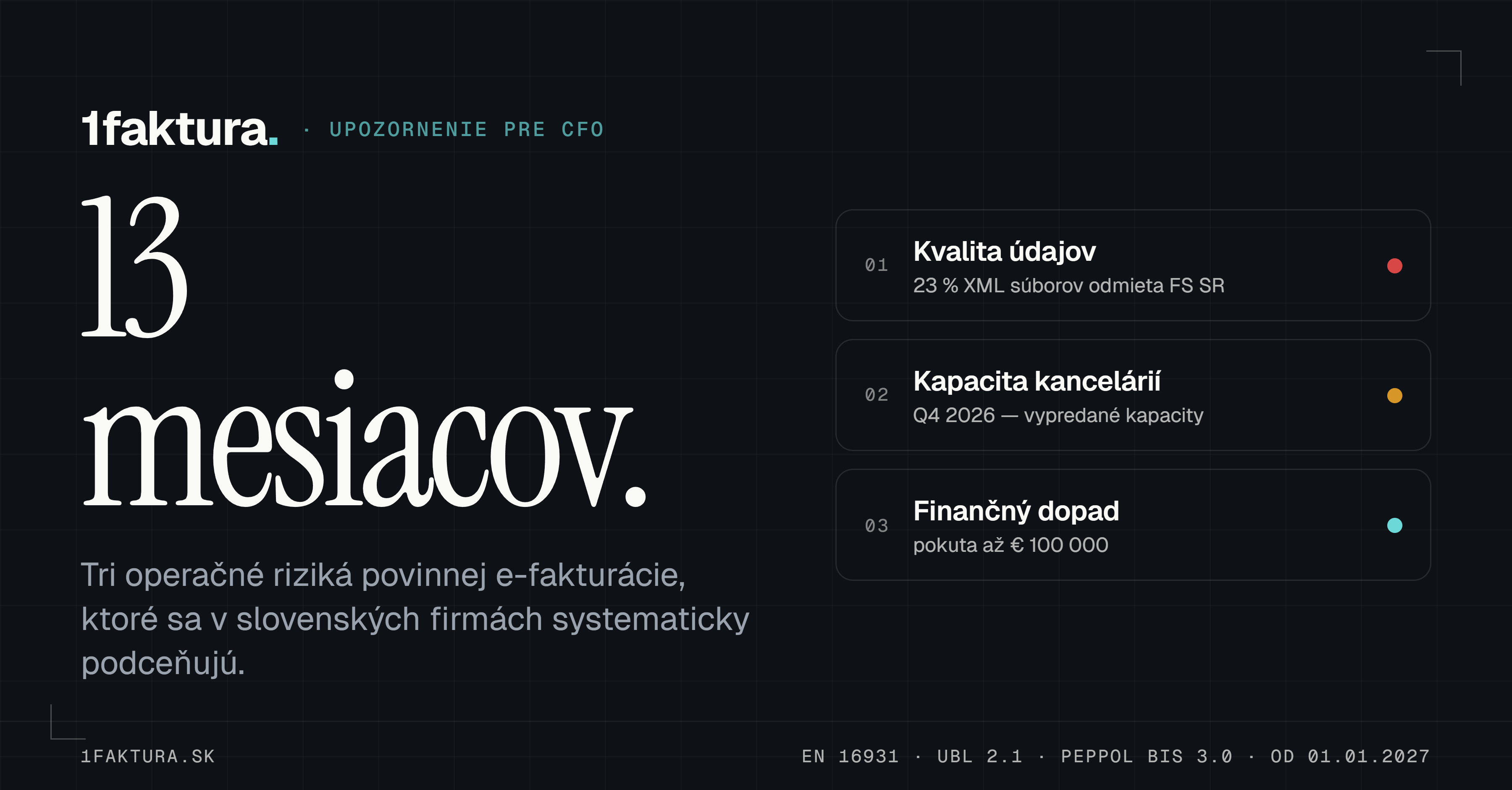 Upozornenie pre CFO: 13 mesiacov do povinnej e-fakturácie — tri operačné riziká.